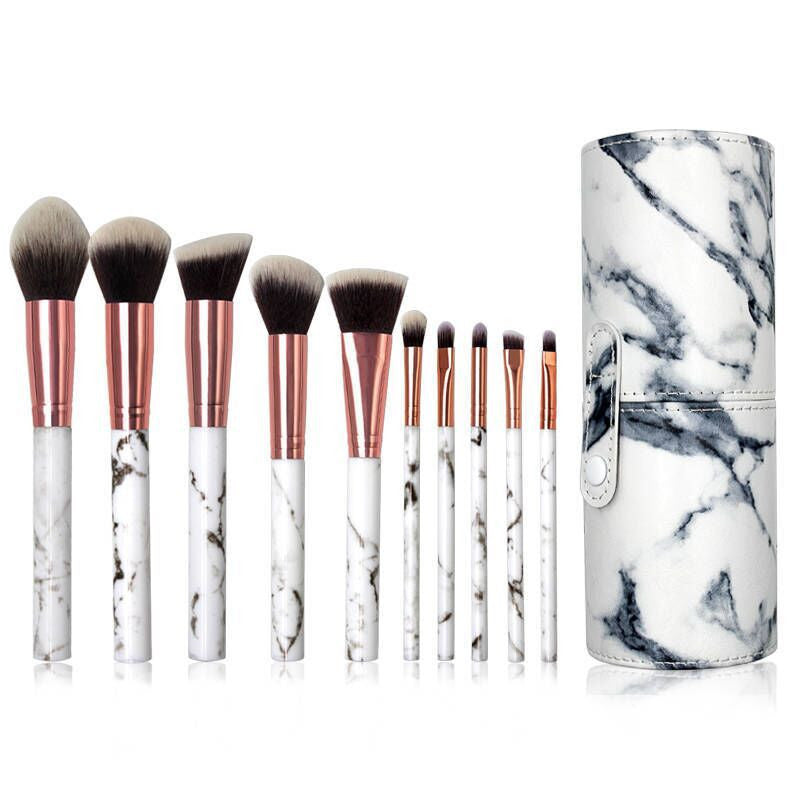 JMT-698698 Marble Makeup Brush Set - 10-Piece Tool Collection with Long Plastic Handles