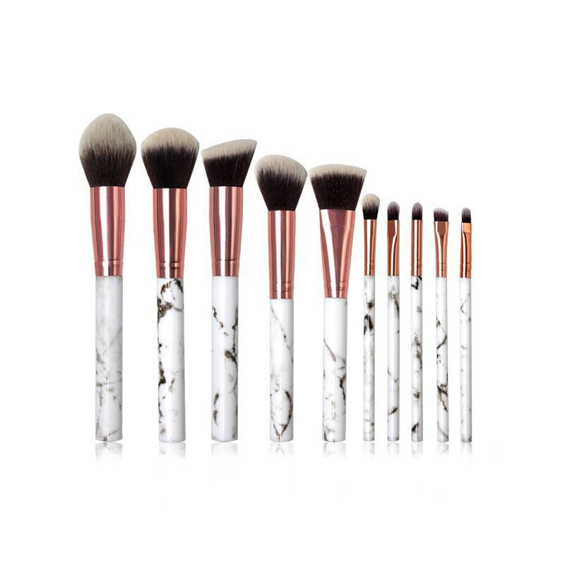 JMT-698698 Marble Makeup Brush Set - 10-Piece Tool Collection with Long Plastic Handles