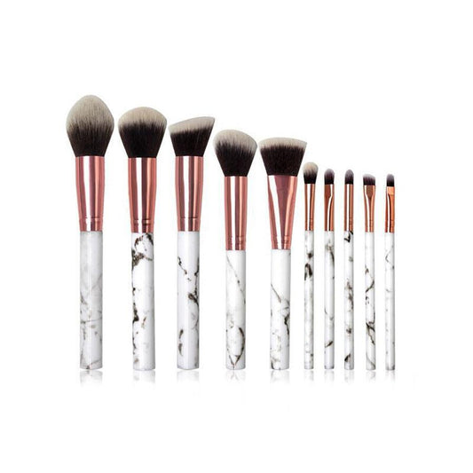 JMT-698698 Marble Makeup Brush Set - 10-Piece Tool Collection with Long Plastic Handles