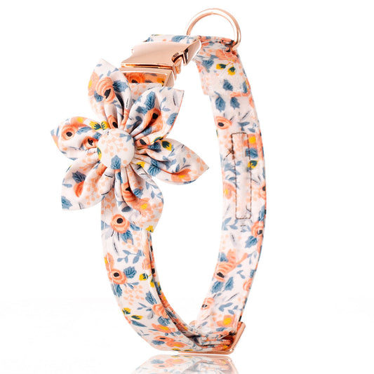 JMT-699082 Flower Print Pet Collar with Rose Metal Buckle - Blue, Orange, and Gray-Green Floral Design