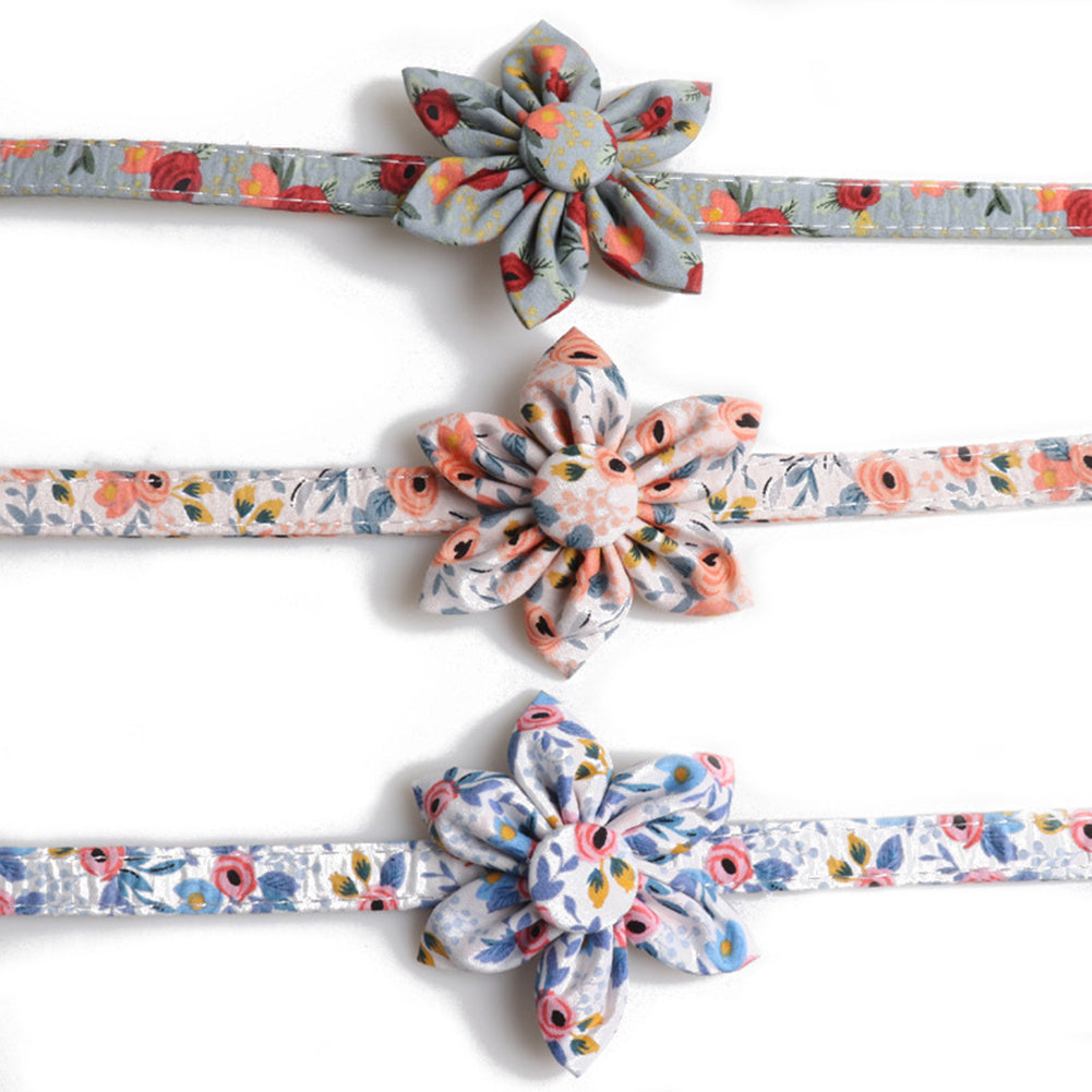 JMT-699082 Flower Print Pet Collar with Rose Metal Buckle - Blue, Orange, and Gray-Green Floral Design