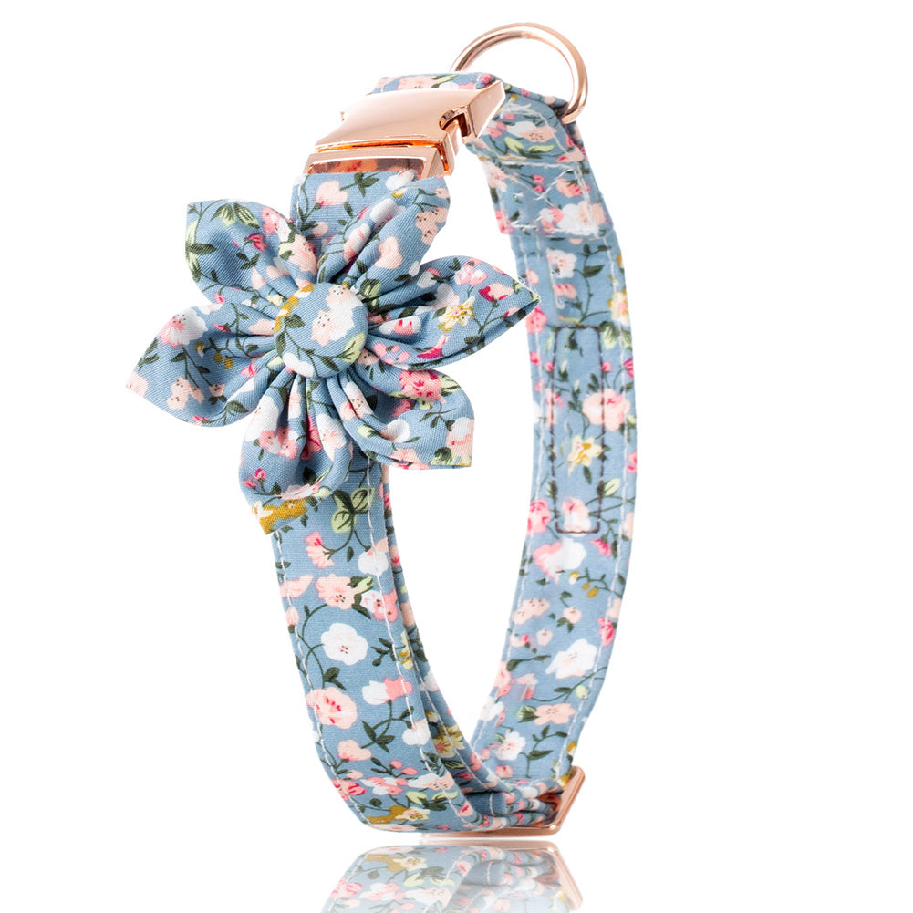JMT-699082 Flower Print Pet Collar with Rose Metal Buckle - Blue, Orange, and Gray-Green Floral Design