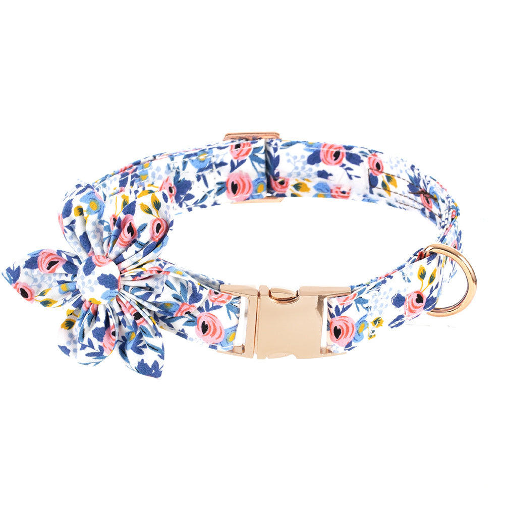 JMT-699082 Flower Print Pet Collar with Rose Metal Buckle - Blue, Orange, and Gray-Green Floral Design