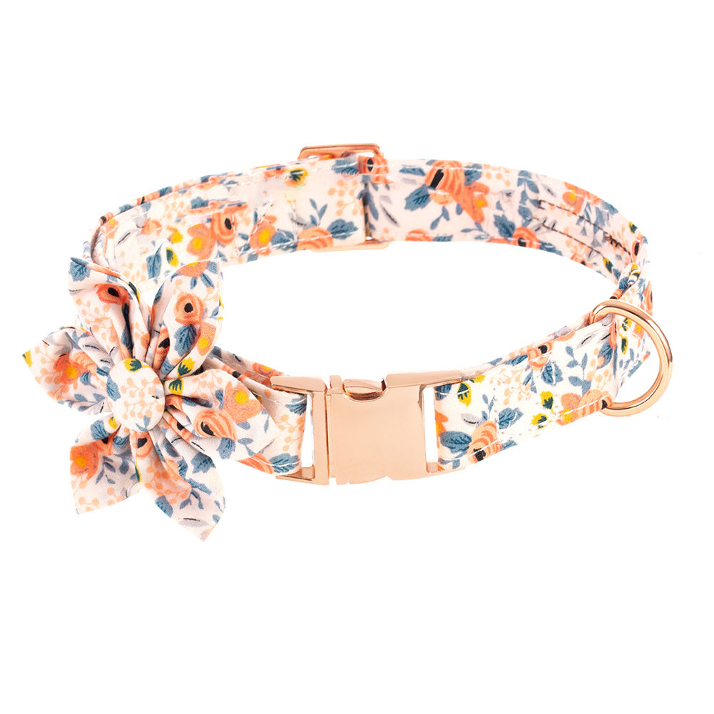JMT-699082 Flower Print Pet Collar with Rose Metal Buckle - Blue, Orange, and Gray-Green Floral Design