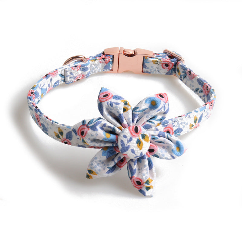 JMT-699082 Flower Print Pet Collar with Rose Metal Buckle - Blue, Orange, and Gray-Green Floral Design