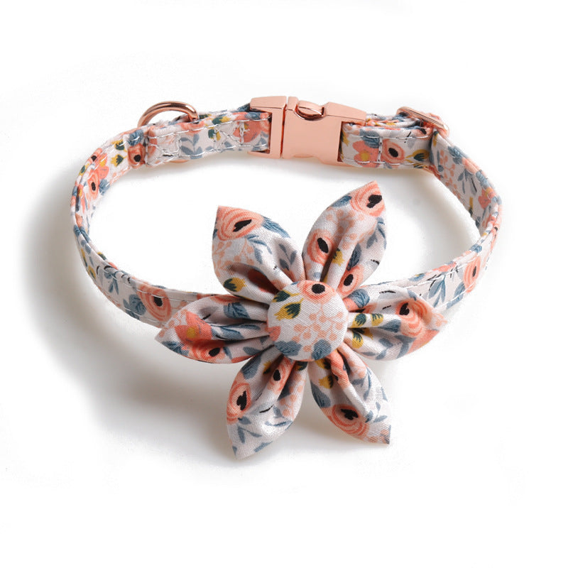 JMT-699082 Flower Print Pet Collar with Rose Metal Buckle - Blue, Orange, and Gray-Green Floral Design