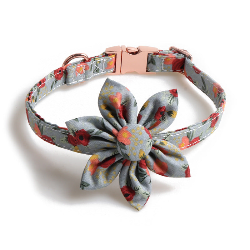 JMT-699082 Flower Print Pet Collar with Rose Metal Buckle - Blue, Orange, and Gray-Green Floral Design
