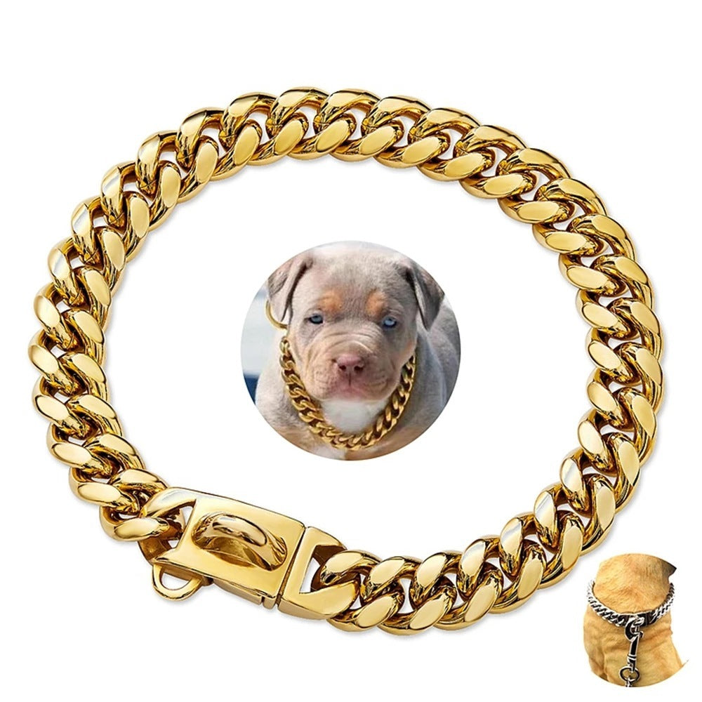 JMT-703690 14mm Stainless Steel Cuban Chain Dog Collar with Lock Buckle in Gold and Silver