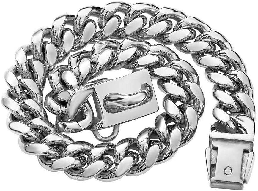 JMT-703690 14mm Stainless Steel Cuban Chain Dog Collar with Lock Buckle in Gold and Silver