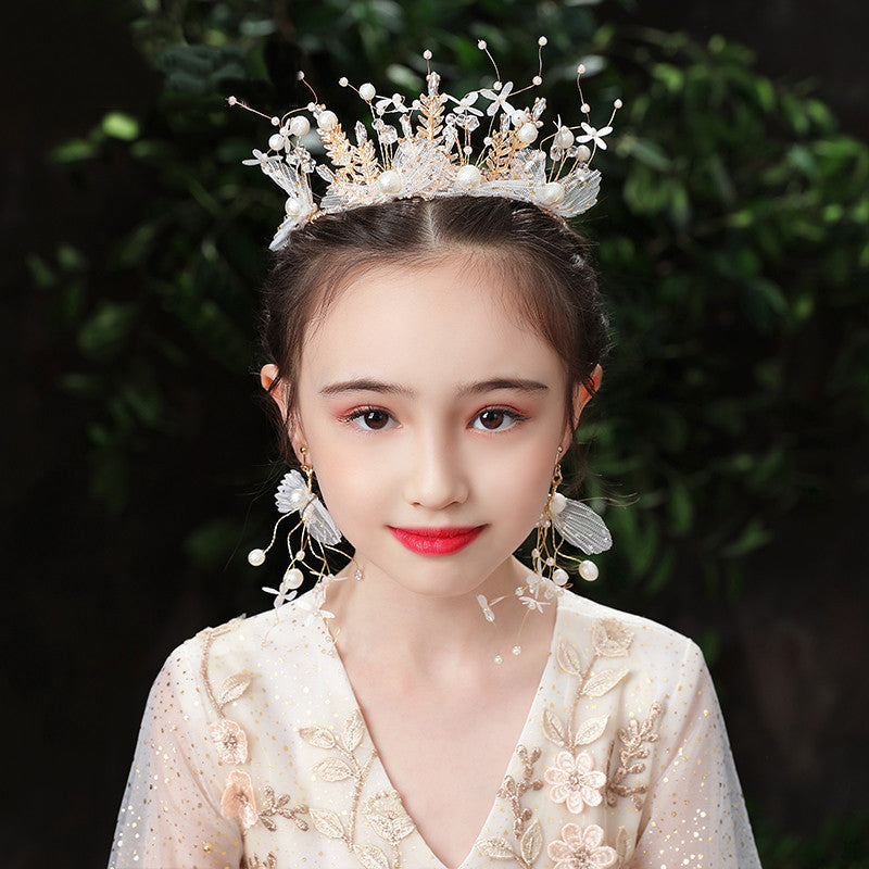 JMT-704714 Yarn Crown Set for Kids with Ribbons and Hairpin - Handmade Alloy and Cloth Flower Design