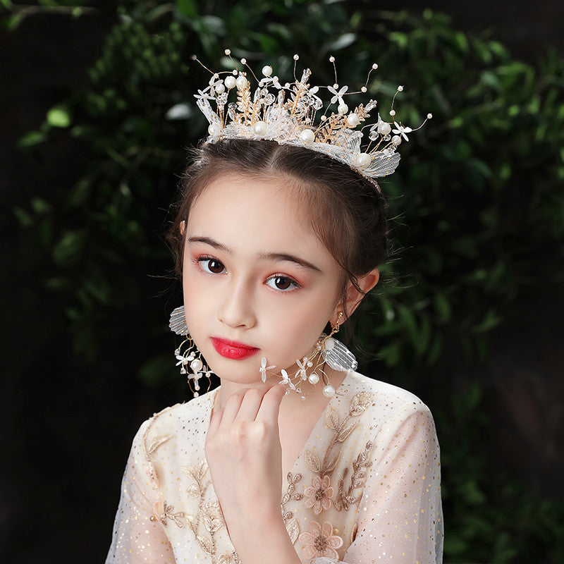 JMT-704714 Yarn Crown Set for Kids with Ribbons and Hairpin - Handmade Alloy and Cloth Flower Design