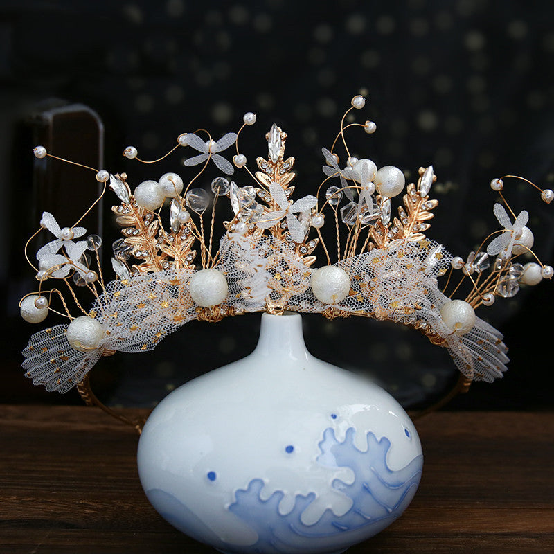 JMT-704714 Yarn Crown Set for Kids with Ribbons and Hairpin - Handmade Alloy and Cloth Flower Design