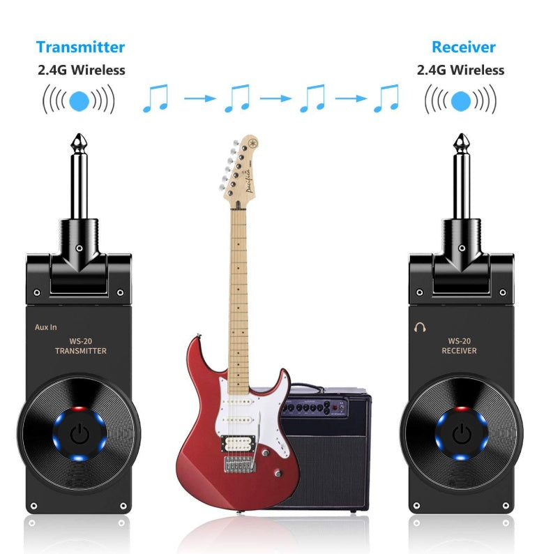 JMT-705354 Wireless Guitar and Instrument Transmitter Receiver System, 2.4GHz Transmission, 30M Range, 105dB Dynamic Range, Plug and Play