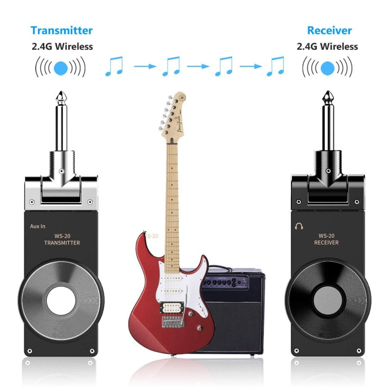 JMT-705354 Wireless Guitar and Instrument Transmitter Receiver System, 2.4GHz Transmission, 30M Range, 105dB Dynamic Range, Plug and Play