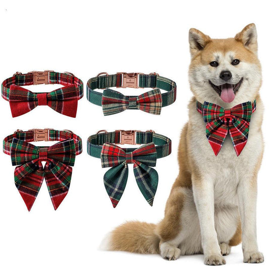 JMT-705994 Christmas Dog Collar with Red and Green Plaid Bows and Buckle