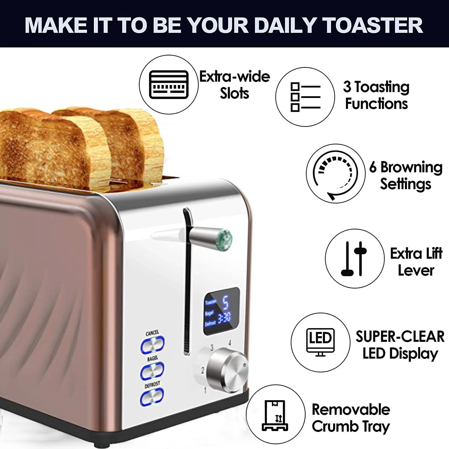 JMT-705994 Stainless Steel Electric 2-Slice Bread Toaster with LED Display