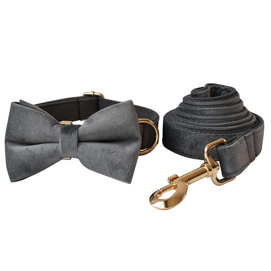 JMT-707146 Silver Grey Fleece Dog Collar and Leash Set with Alloy Carabiner, Bow Knot Design, Sizes S to XL