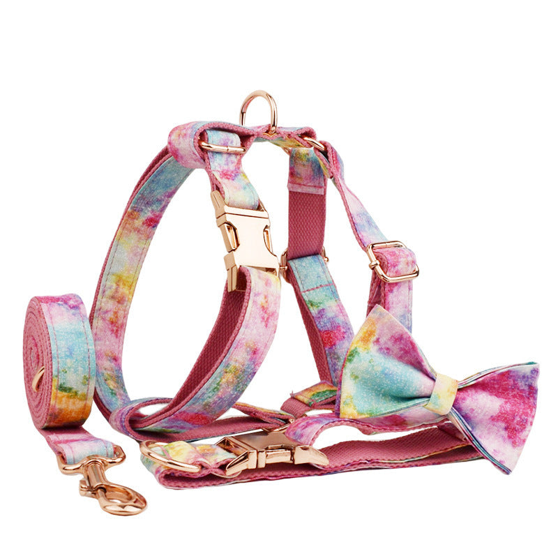 JMT-708298 Bronzing Dog Collar and Leash Set with Bow and Vest – Complete Four-Piece Outfit