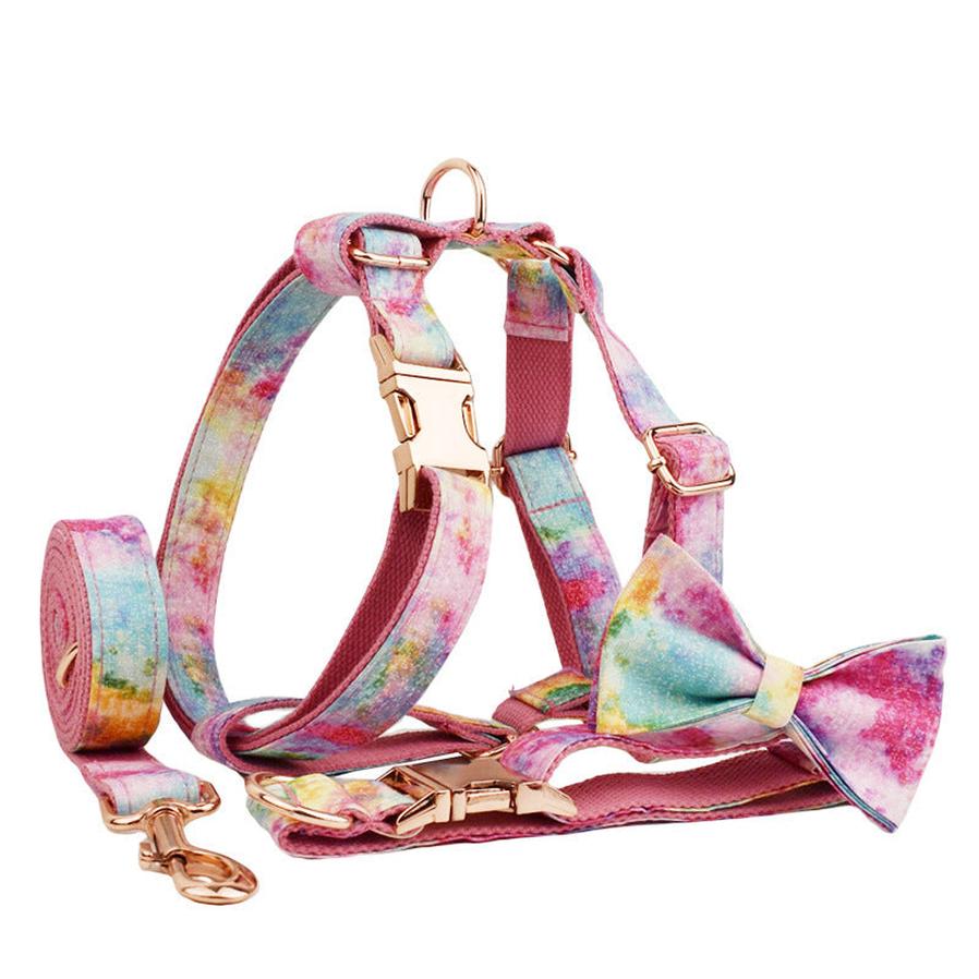 JMT-708298 Bronzing Dog Collar and Leash Set with Bow and Vest – Complete Four-Piece Outfit
