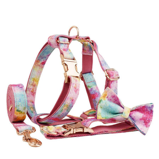 JMT-708298 Bronzing Dog Collar and Leash Set with Bow and Vest – Complete Four-Piece Outfit