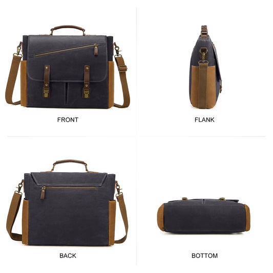 JMT-708298 Vintage Leather 15.6 Inch Laptop Satchel Bag with Waterproof Canvas for Work and School