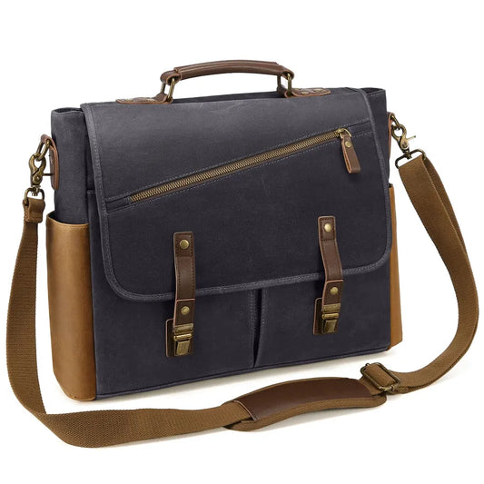 JMT-708298 Vintage Leather 15.6 Inch Laptop Satchel Bag with Waterproof Canvas for Work and School