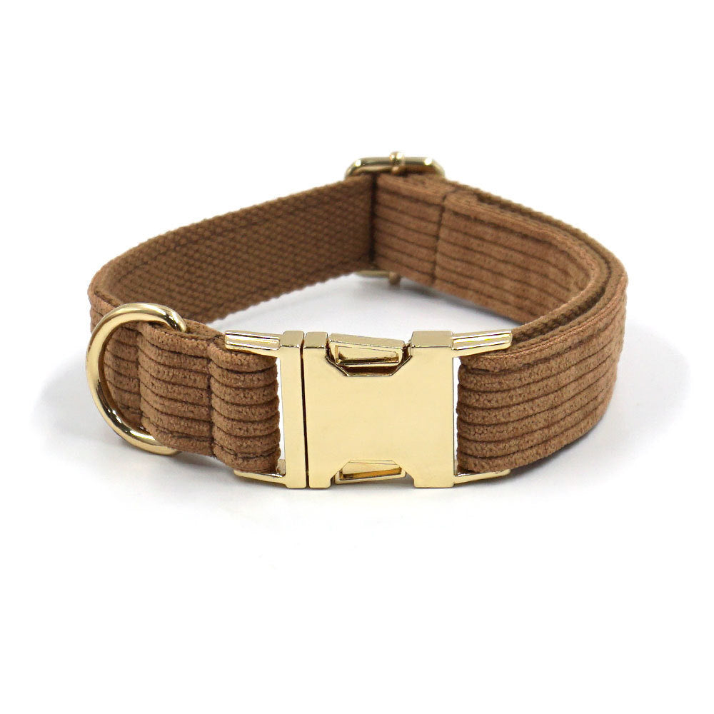 JMT-708490 Brown Corduroy Pet Collar Set with Gold Buckle, Bow, Rope, Chest Harness, and Waste Bag