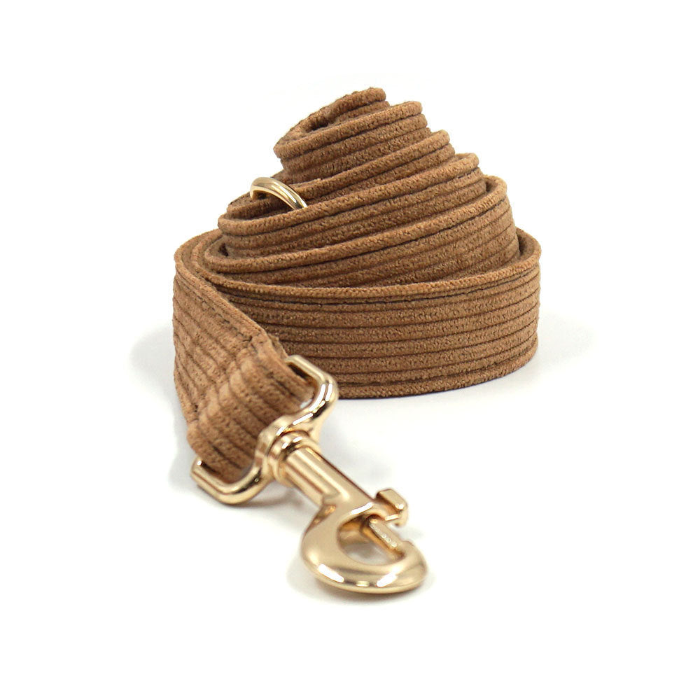 JMT-708490 Brown Corduroy Pet Collar Set with Gold Buckle, Bow, Rope, Chest Harness, and Waste Bag