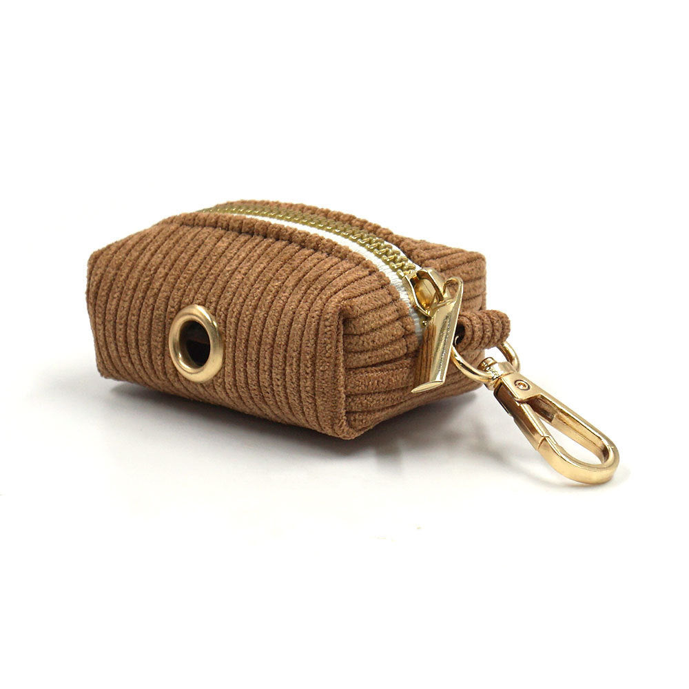 JMT-708490 Brown Corduroy Pet Collar Set with Gold Buckle, Bow, Rope, Chest Harness, and Waste Bag