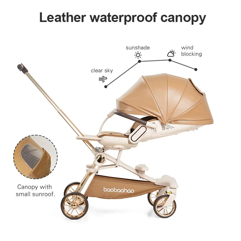 JMT-710922 Luxury Adjustable Leather Foldable Baby Stroller with Double-Sided Design