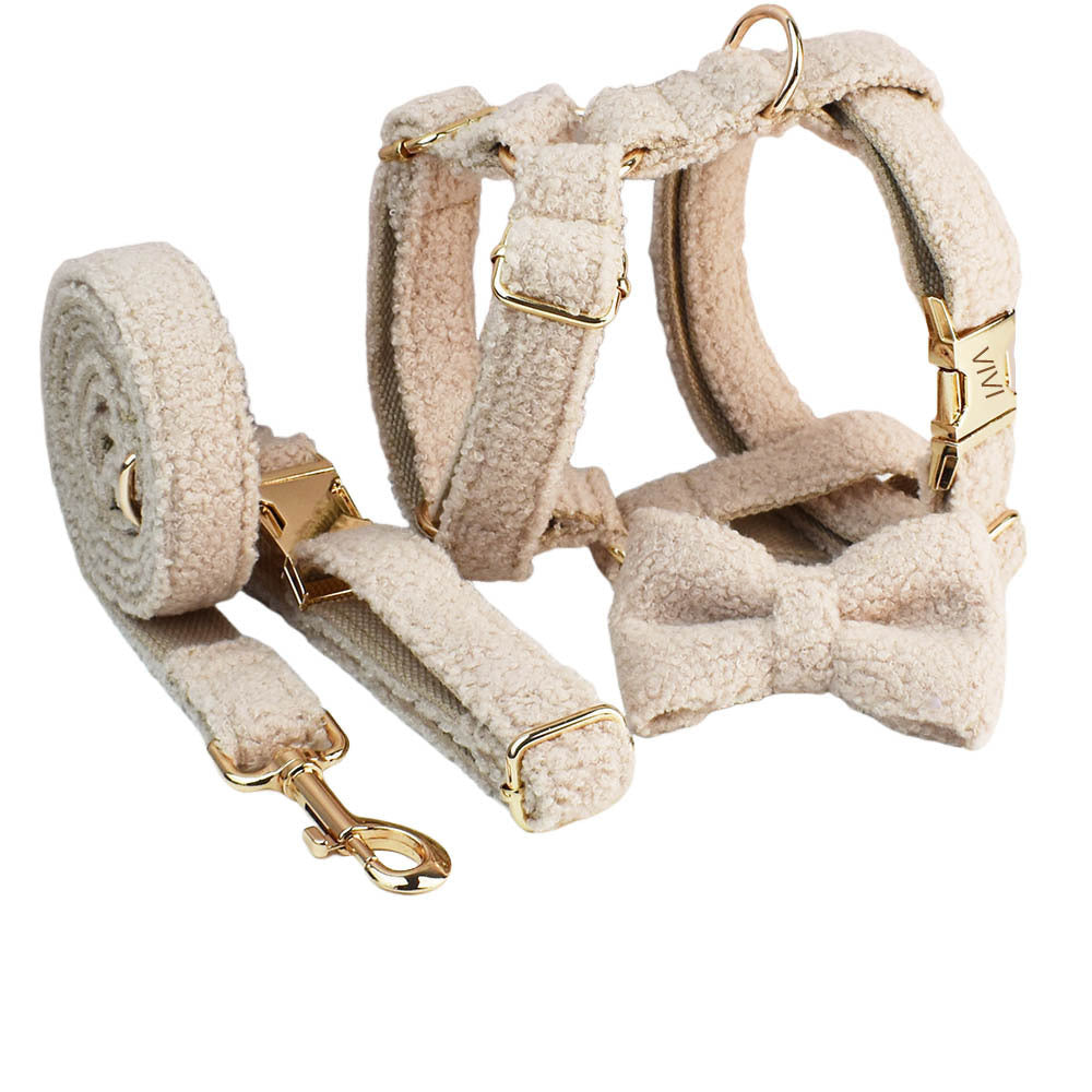 JMT-711434 Minimalist Cream Pet Collar and Harness Set with Leash and Bow for Dogs