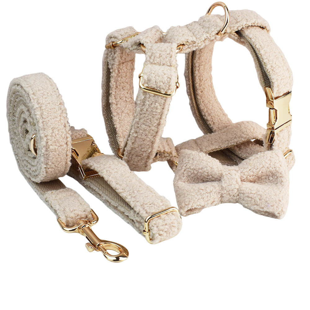 JMT-711434 Minimalist Cream Pet Collar and Harness Set with Leash and Bow for Dogs