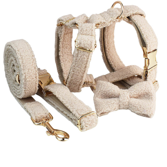 JMT-711434 Minimalist Cream Pet Collar and Harness Set with Leash and Bow for Dogs