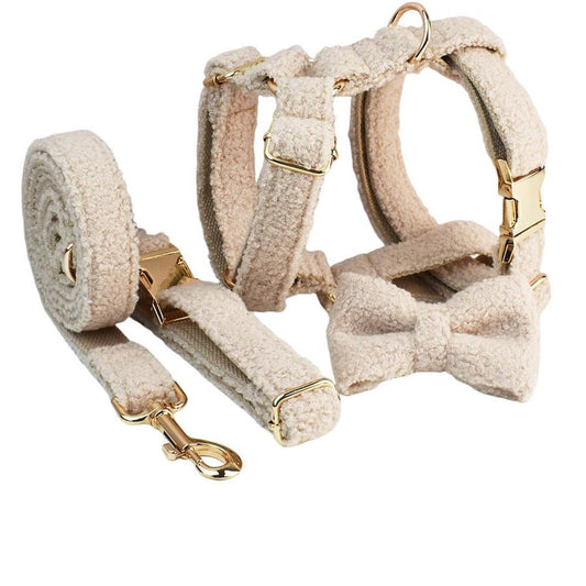 JMT-711434 Minimalist Cream Pet Collar and Harness Set with Leash and Bow for Dogs