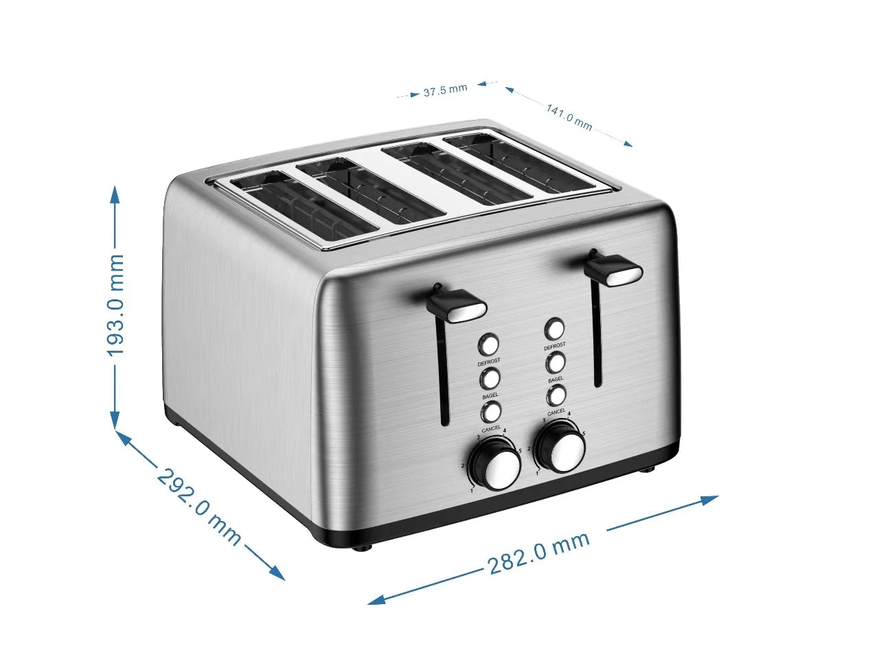 JMT-711882 4-Slice Wide Slot Stainless Steel Toaster with Red Indicator Light and Multi-Function Capability