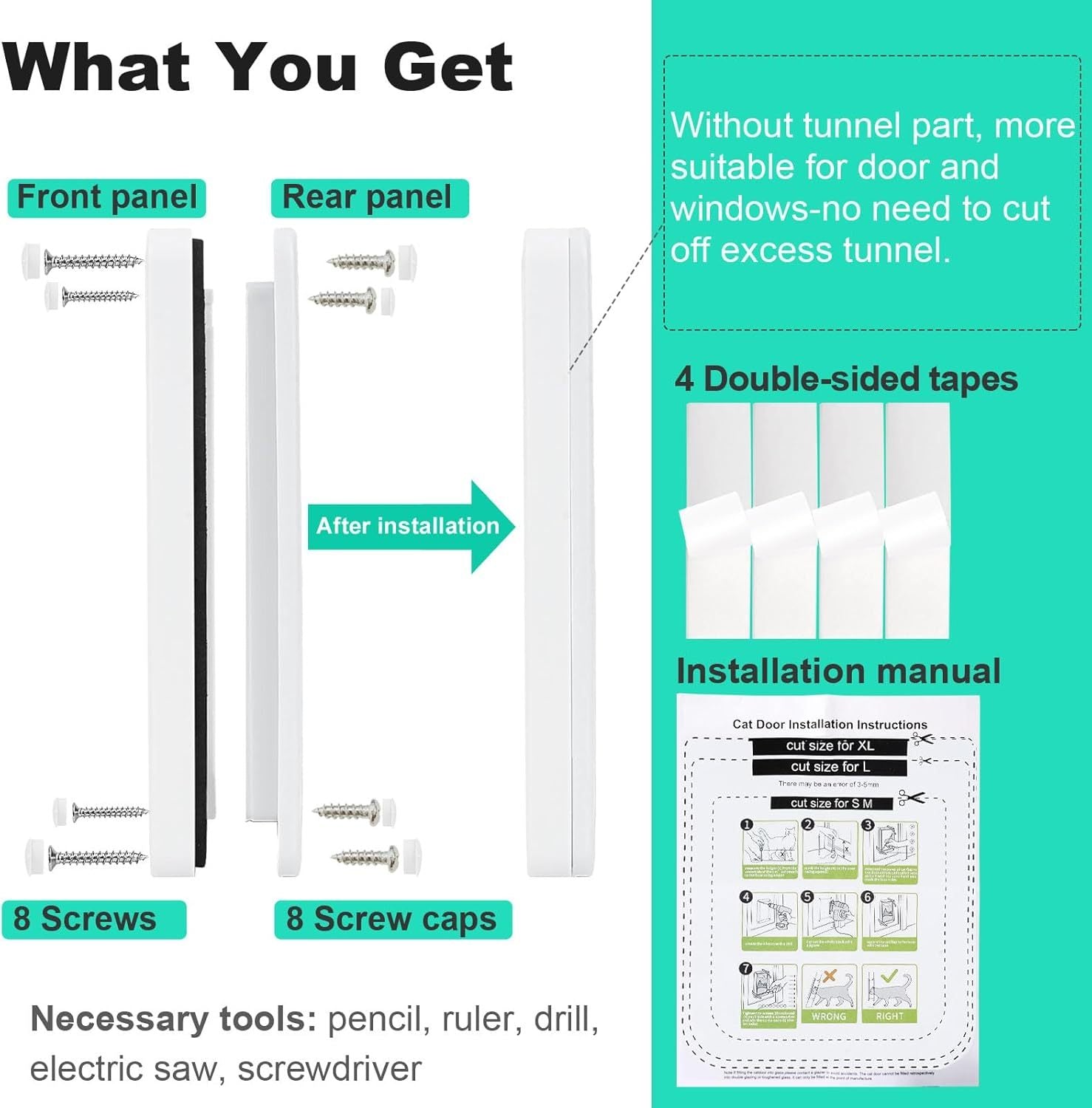 JMT-713098 Cat Door for Windows and Sliding Doors - Weatherproof Pet Flap with Lock and 4 Access Modes for Small Dogs and Cats