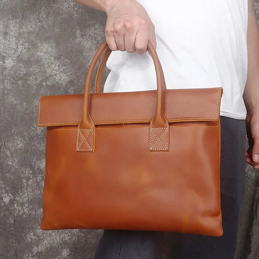 JMT-714634 Real Leather 15 Inch Laptop Handbag in Retro Brown, Heavy-Duty Cowhide with Waterproof Canvas Accents