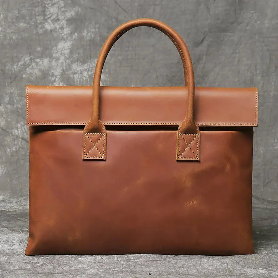 JMT-714634 Real Leather 15 Inch Laptop Handbag in Retro Brown, Heavy-Duty Cowhide with Waterproof Canvas Accents