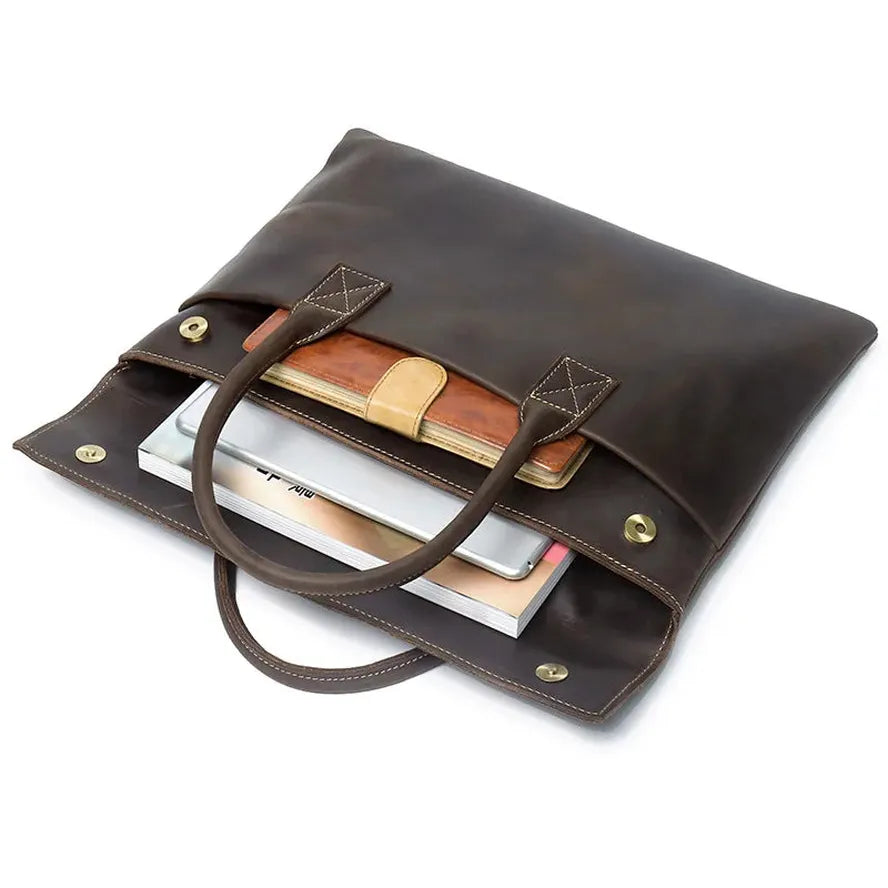 JMT-714634 Real Leather 15 Inch Laptop Handbag in Retro Brown, Heavy-Duty Cowhide with Waterproof Canvas Accents