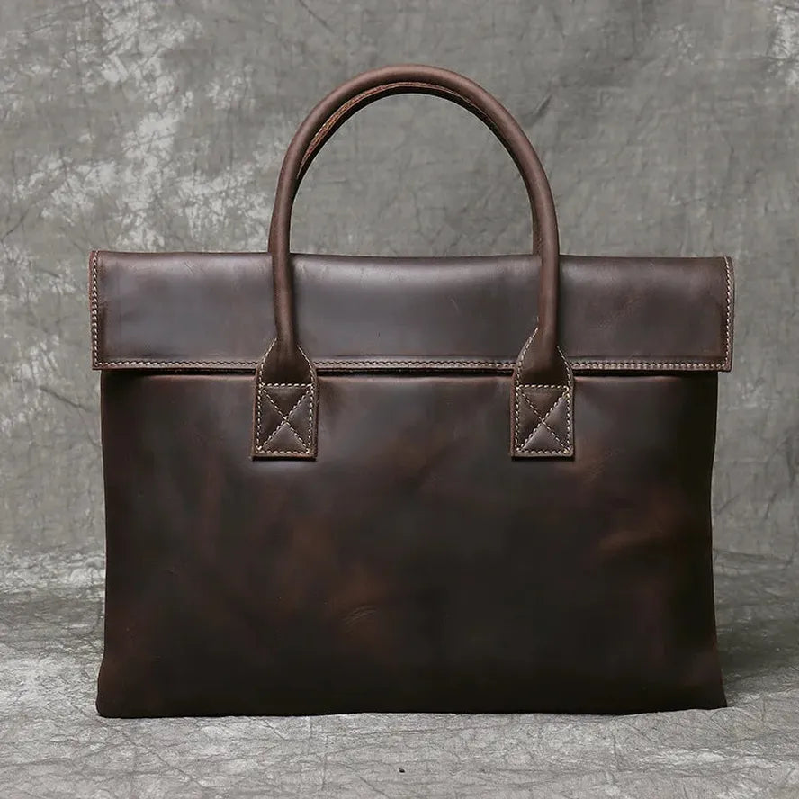 JMT-714634 Real Leather 15 Inch Laptop Handbag in Retro Brown, Heavy-Duty Cowhide with Waterproof Canvas Accents