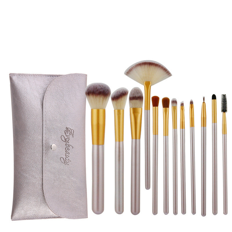 JMT-715658 Creamy White 12-Piece Makeup Brush Set with Long Wooden Handles and Synthetic Hair