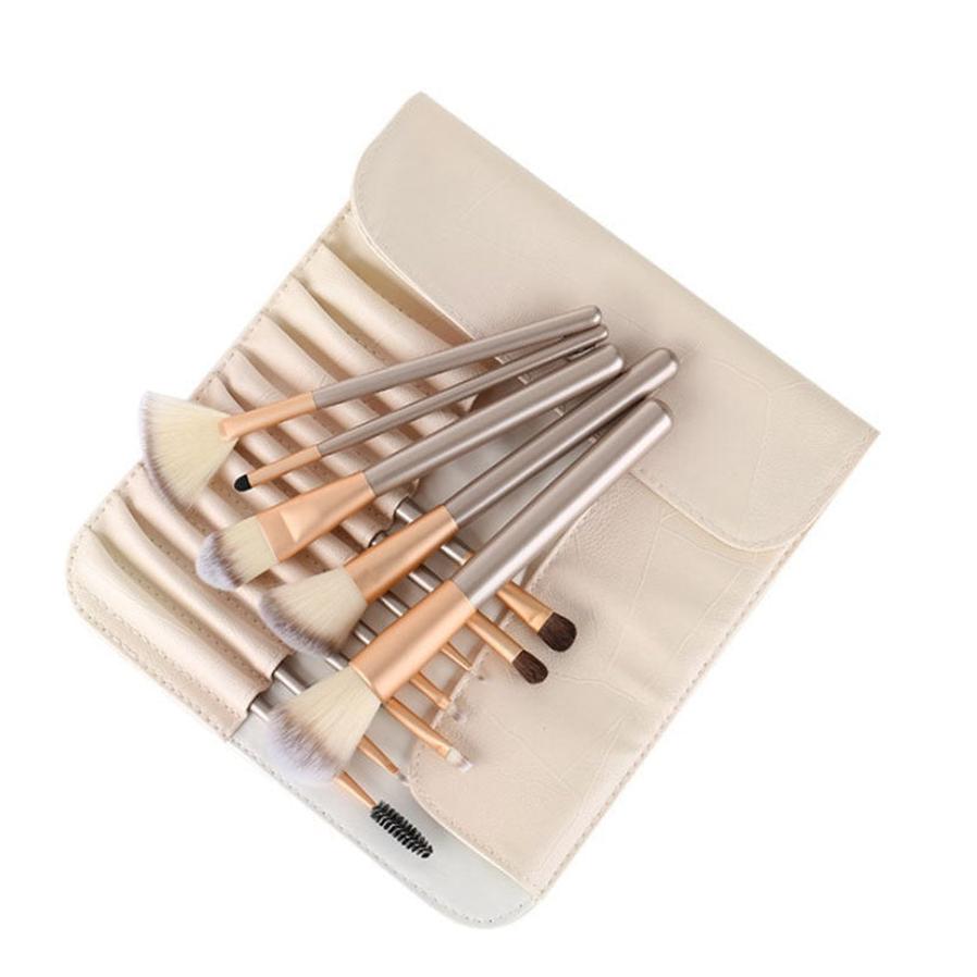 JMT-715658 Creamy White 12-Piece Makeup Brush Set with Long Wooden Handles and Synthetic Hair