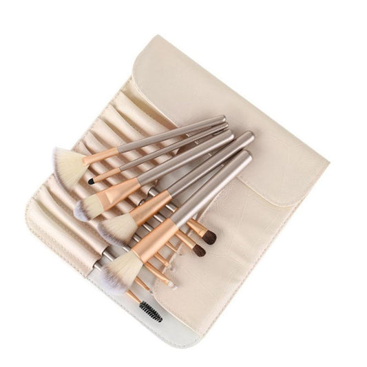JMT-715658 Creamy White 12-Piece Makeup Brush Set with Long Wooden Handles and Synthetic Hair