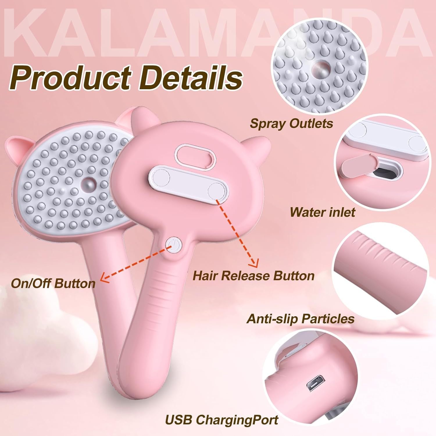 JMT-717770 4-in-1 Cat Steam Brush with Comfortable Handle for Easy Grooming, Misting, and Massaging Small Pets