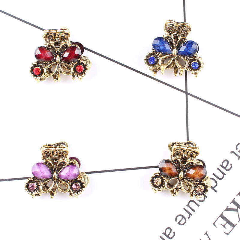 JMT-718218 Antique Bronze Butterfly Hairpin with Gemstones in Purple, Blue, Red, and Brown