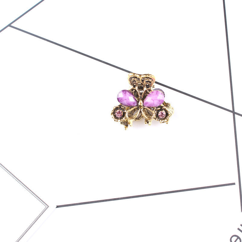 JMT-718218 Antique Bronze Butterfly Hairpin with Gemstones in Purple, Blue, Red, and Brown