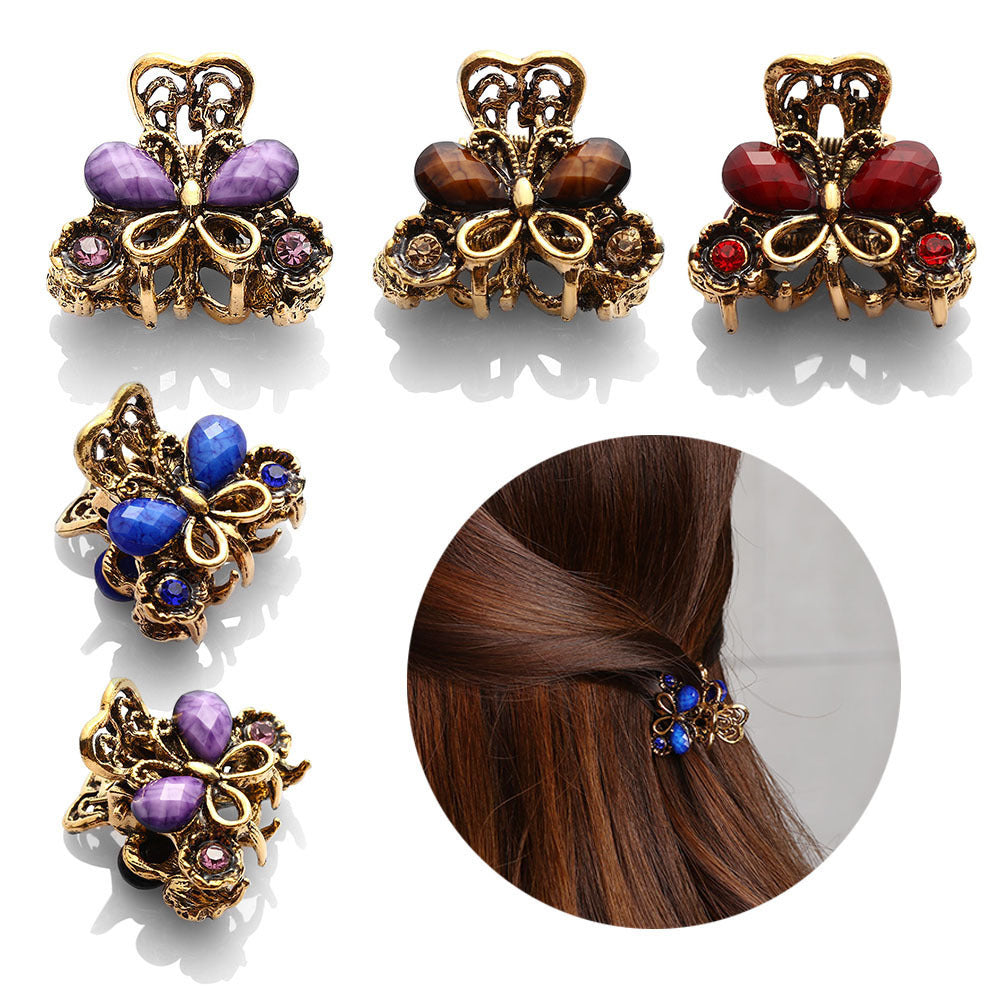 JMT-718218 Antique Bronze Butterfly Hairpin with Gemstones in Purple, Blue, Red, and Brown