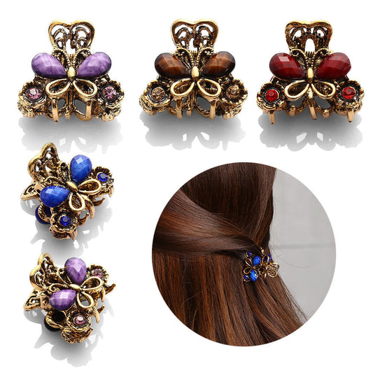 JMT-718218 Antique Bronze Butterfly Hairpin with Gemstones in Purple, Blue, Red, and Brown