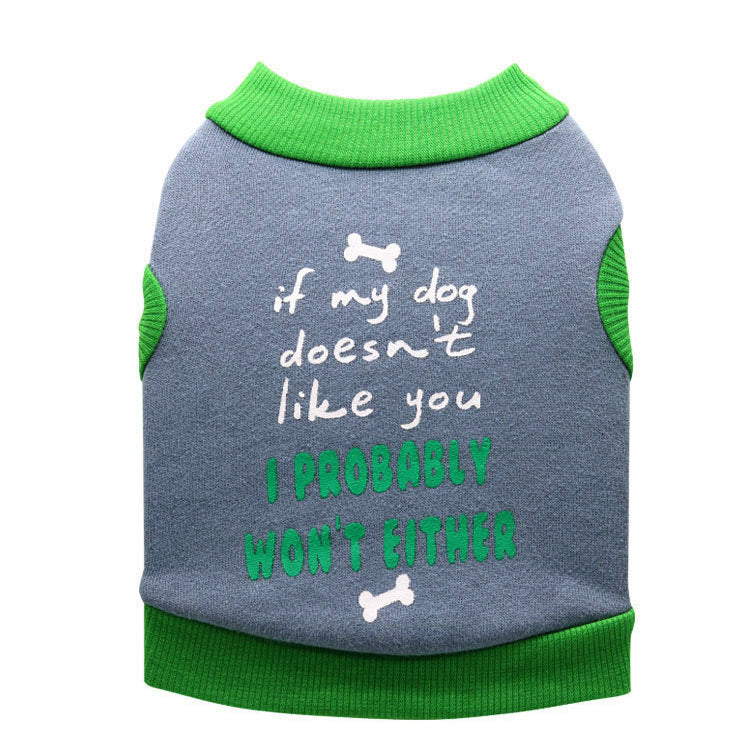 JMT-718602 Fleece Cloth Small Dog Vest with Letter and Bone Design, Available in Gray with Green Edge