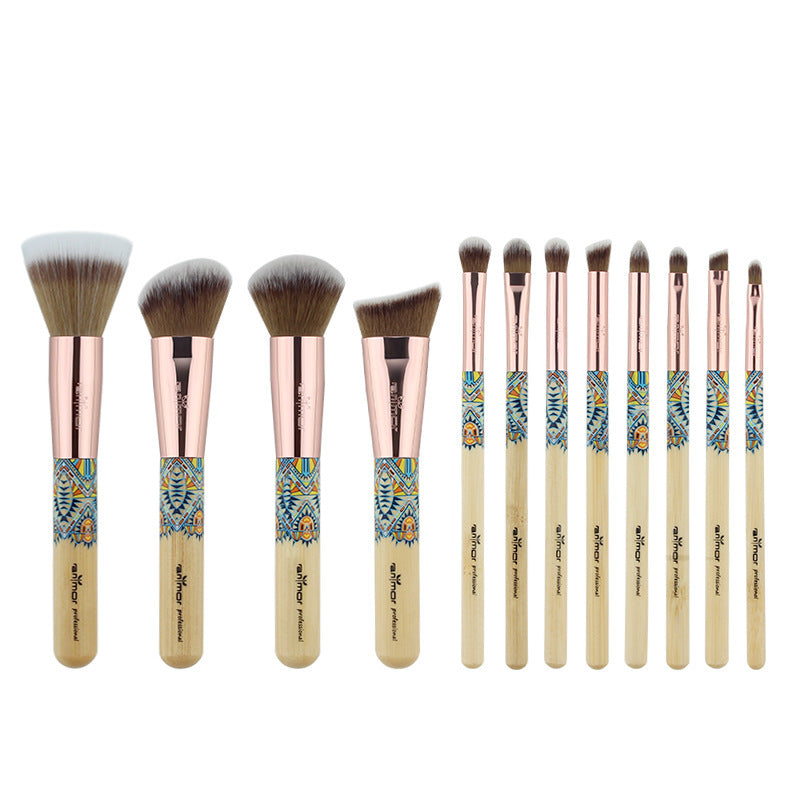 JMT-719114 12-Piece Makeup Brush Set with Wooden Handles and Soft Man-Made Fiber Bristles